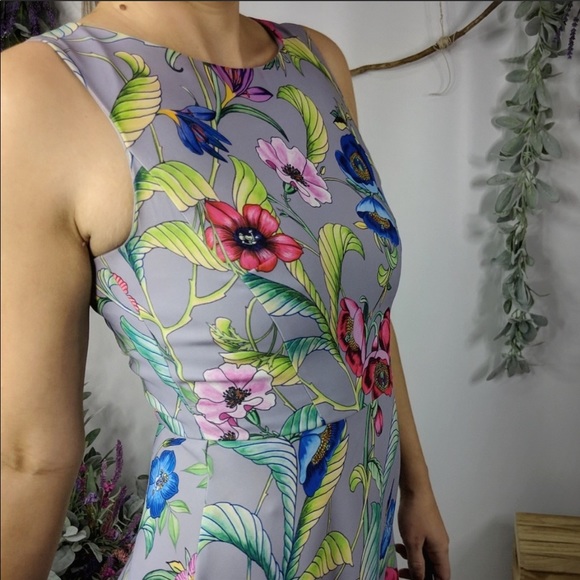 ♻️ANN TAYLOR jungle floral flare dress grey - Picture 2 of 8